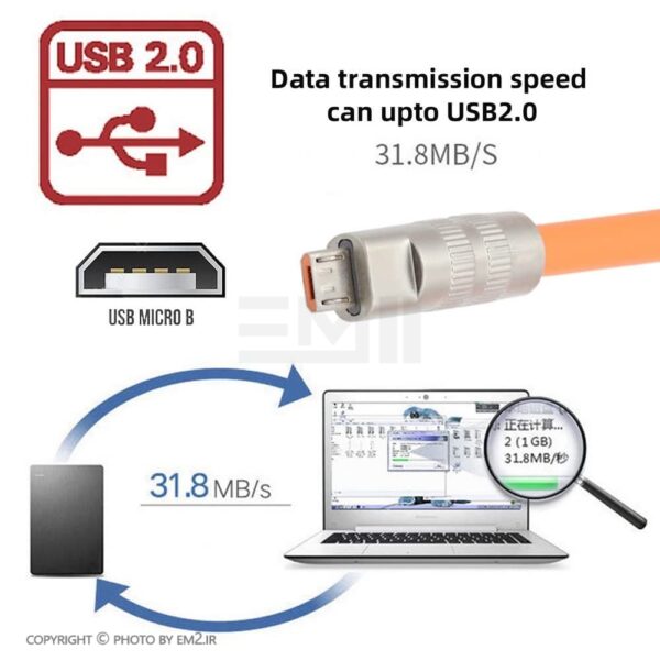 کابل میکرو USB ضخیم نارنجی | سوپر فست شارژ 6 آمپر، با هسته مسی و سرعت انتقال بالا