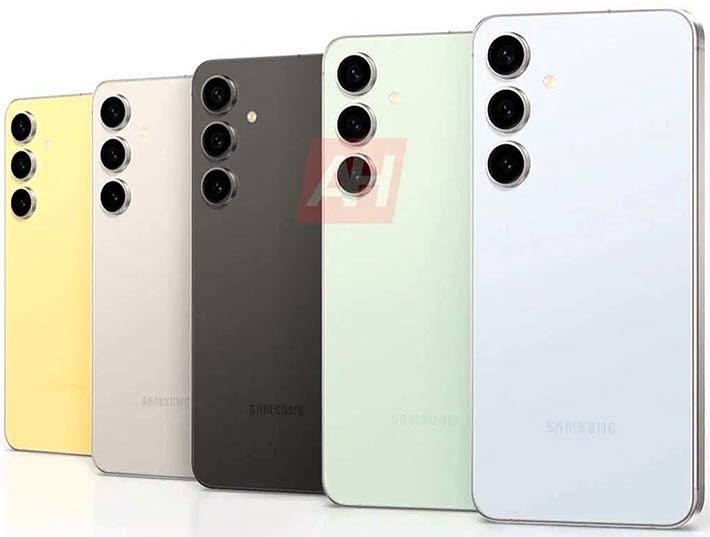 رنگ‌بندی گلکسی S24 FE: مجموعه‌ای از رنگ‌های متنوع گرافیت، آبی، نقره‌ای، سبز و زرد برای گلکسی S24 FE. 