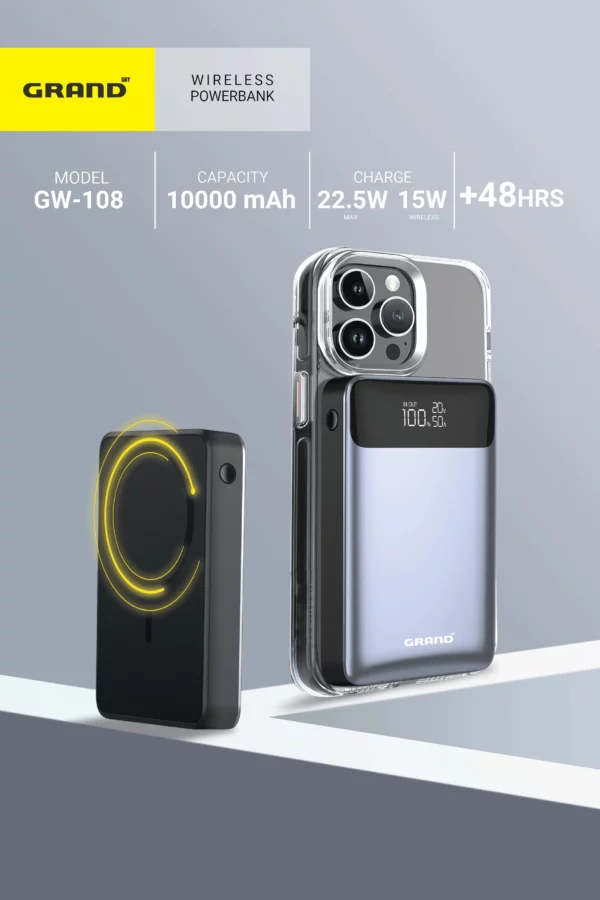 پاوربانک وایرلس گرند اسکای مدل GW-108 ظرفیت 10000 میلی آمپر ساعت توان 15 وات