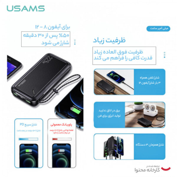 پاوربانک یوسمز مدل CD168-22.5W ظرفیت 20000 میلی آمپر