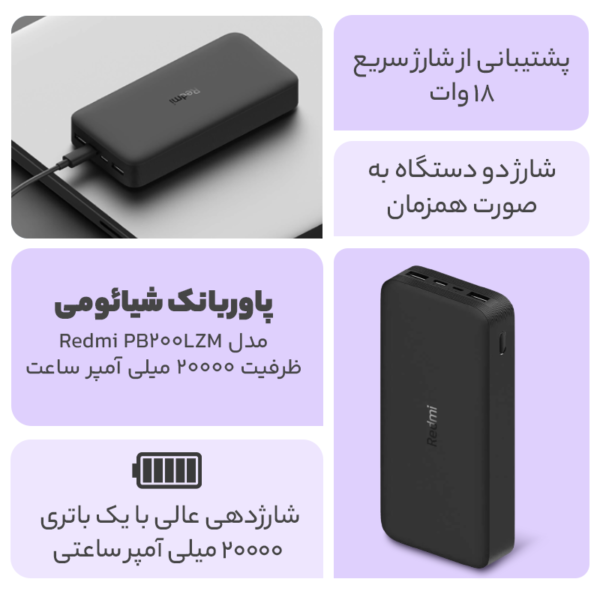 پاور بانک شیائومی 20000 میلی آمپرساعت مدل Redmi PB200LZM به همراه کابل تبدیل microUSB