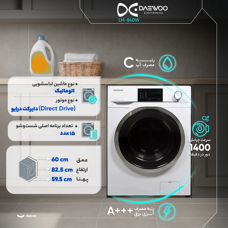 ماشین لباسشویی دوو 8 کیلویی مدل LM-840W 6 ماشین لباسشویی دوو 8 کیلویی مدل LM-840W