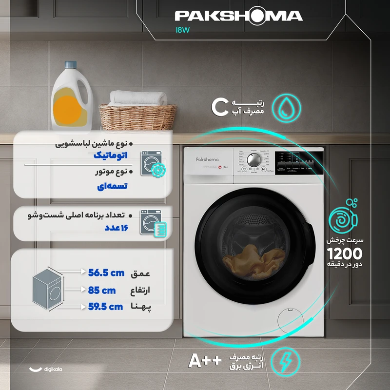 ماشین لباسشویی پاکشوما 8 کیلویی مدل i8 5 ماشین لباسشویی پاکشوما 8 کیلویی مدل i8