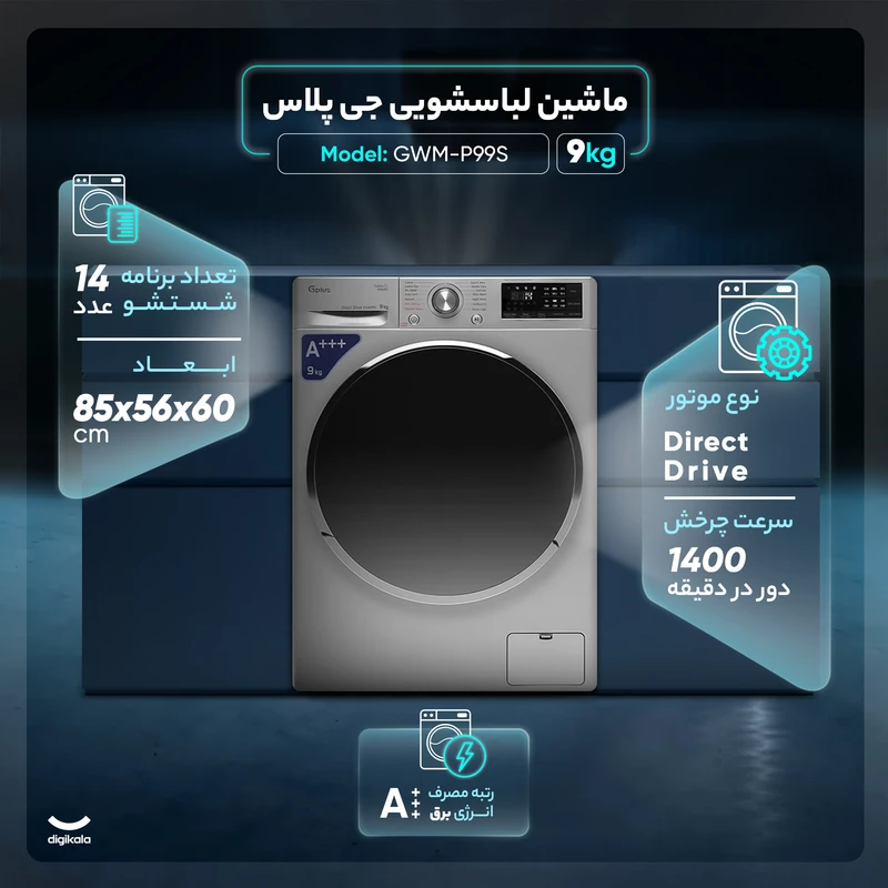 ماشین لباسشویی جی پلاس 9 کیلویی مدل GWM-P99S 6 ماشین لباسشویی جی پلاس 9 کیلویی مدل GWM-P99S