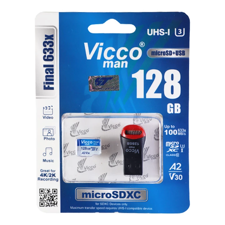 کارت حافظه microSDXC ویکومن مدل Final 633x کلاس 10 استاندارد UHS-I U3 A2 V30 سرعت 100MBs ظرفیت 128 گیگابایت به همراه مبدل میکرو به USB 3 کارت حافظه microSDXC ویکومن مدل Final 633x کلاس 10 استاندارد UHS-I U3 A2 V30 سرعت 100MBs ظرفیت 128 گیگابایت به همراه مبدل میکرو به USB