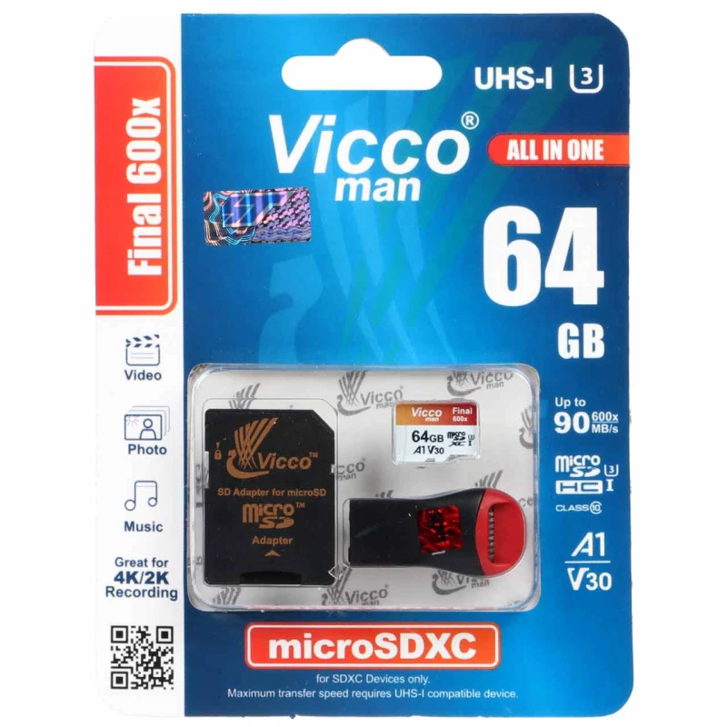 کارت حافظه microSDXC ویکومن مدل Final 600X کلاس 10 استاندارد UHS-I U3 سرعت 90MBps ظرفیت 64 گیگابایت همراه با کارت خوان 3 کارت حافظه microSDXC ویکومن مدل Final 600X کلاس 10 استاندارد UHS-I U3 سرعت 90MBps ظرفیت 64 گیگابایت همراه با کارت خوان