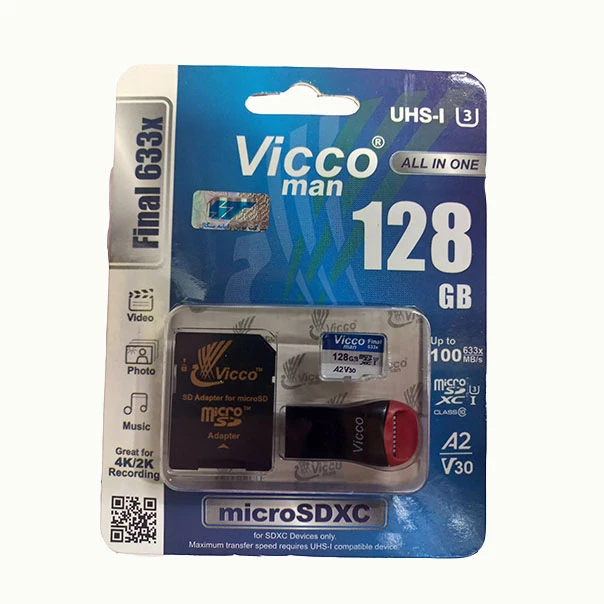 کارت حافظه micro SDXC ویکومن مدل 633X Plus کلاس 10 استاندارد UHS-I U3 سرعت ۱۰۰MBS ظرفیت 128 گیگابایت به همراه کارت خوان 3 کارت حافظه micro SDXC ویکومن مدل 633X Plus کلاس 10 استاندارد UHS-I U3 سرعت ۱۰۰MBS ظرفیت 128 گیگابایت به همراه کارت خوان