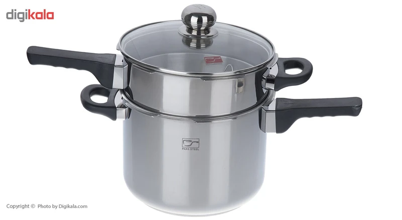زودپز دوقلو 3 و 6 لیتری پارس استیل به همراه درب پیرکس و سبد بخارپز 4 زودپز دوقلو 3 و 6 لیتری پارس استیل به همراه درب پیرکس و سبد بخارپز