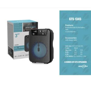 در این تصویر، نمای واضحی از بخش پورت‌های اسپیکر بلوتوثی GTS‑1345 دیده می‌شود. این اسپیکر با ورودی‌های مختلف ازجمله USB برای فلش مموری، micro‑USB برای شارژ، و شیار کارت حافظه TF تا ظرفیت 32 گیگابایت، امکان پخش موسیقی از منابع گوناگون را فراهم می‌کند.